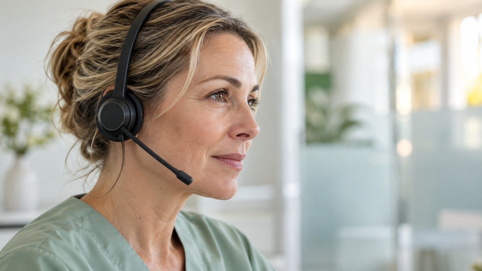 Nahaufnahme einer medizinischen Mitarbeiterin mit Headset bei der telefonischen Aufnahme.