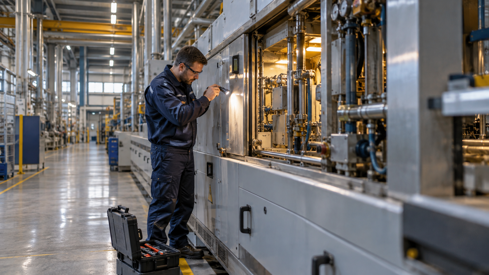 Servicetechniker mit Schutzbrille prüft eine stillstehende Industriemaschine in einer Werkhalle.